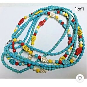 Long Triple Strand Sodalite Bead & Carved Leaves  Southwest Necklace